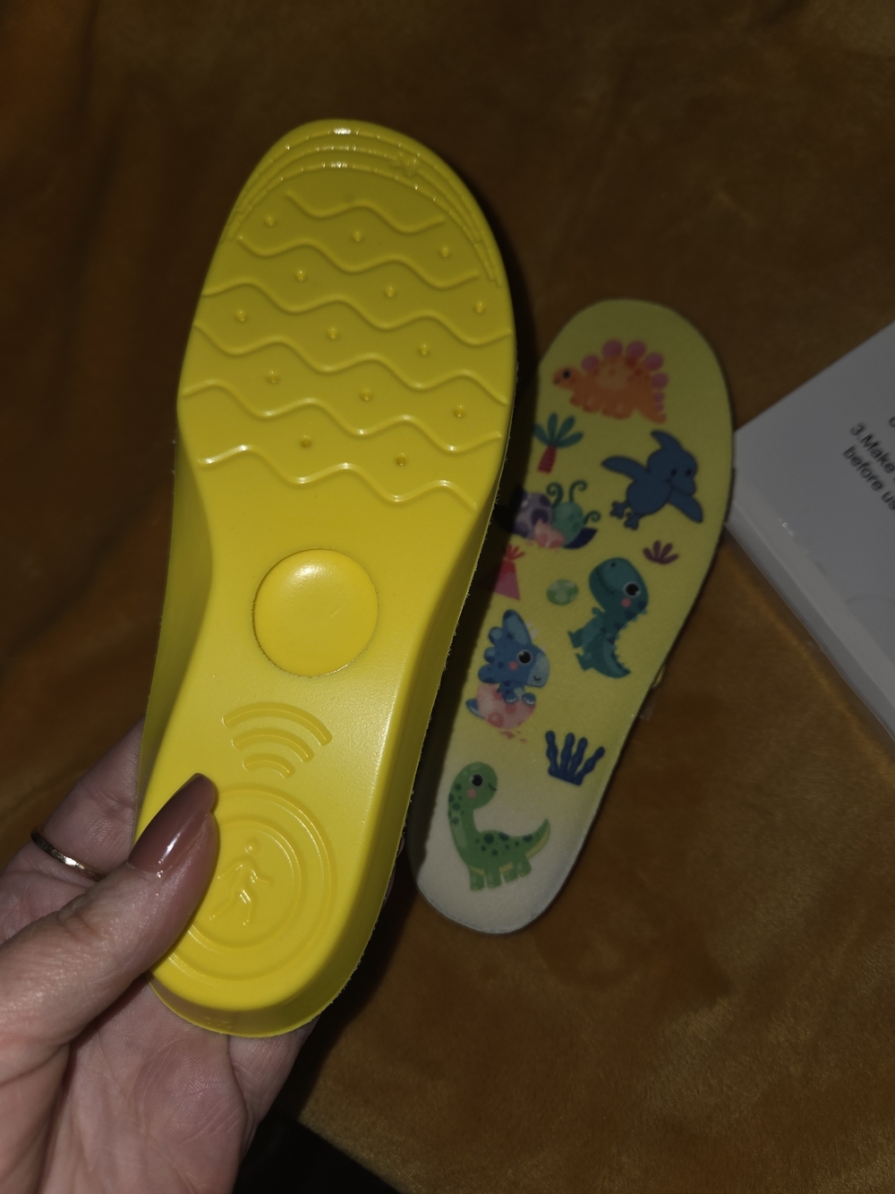 Kids Yellow Dino Slip-On Shoe Insoles With Air Tag Insert.